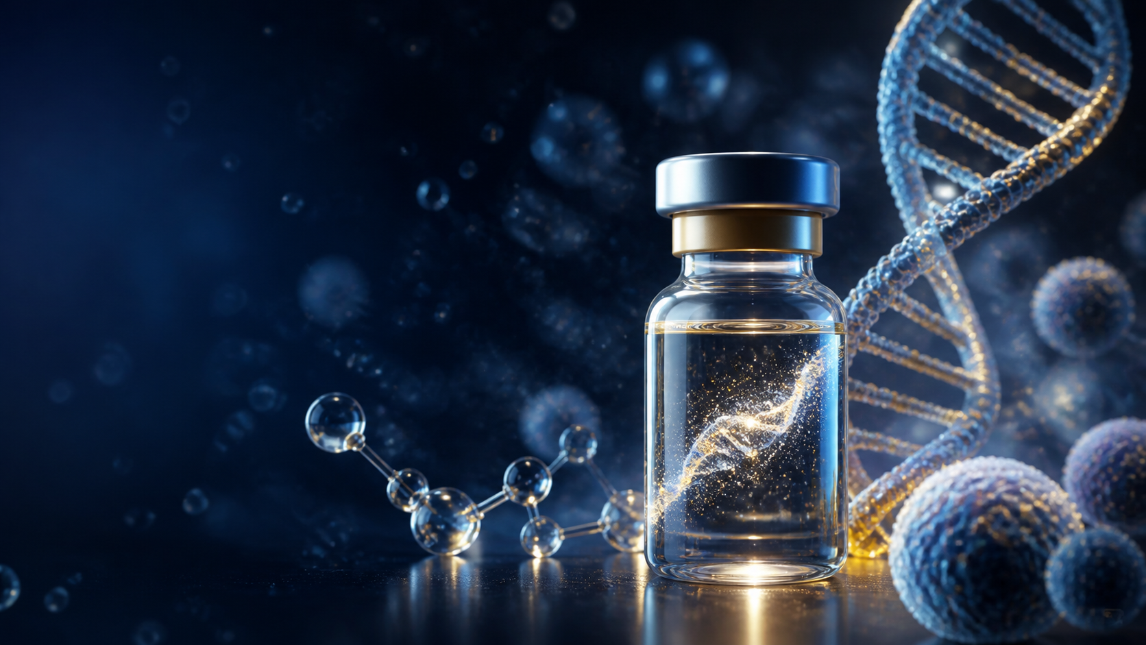 Medicamento de alta tecnologia, moléculas e terapia genética representados em imagem tridimensional