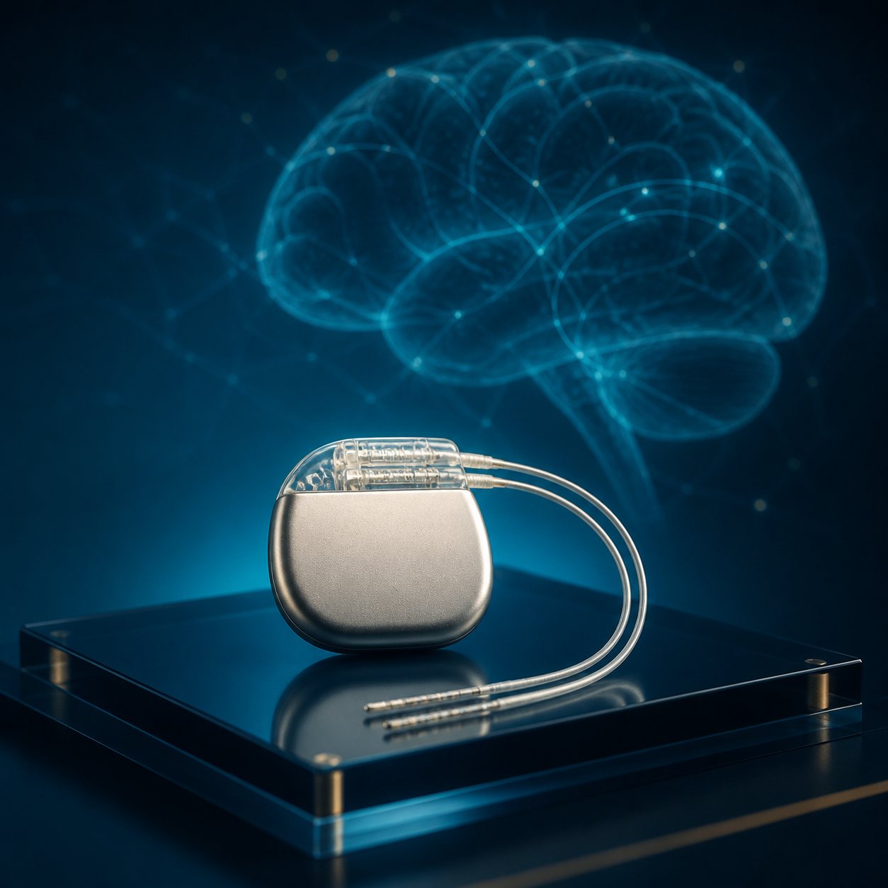 Ilustração tridimensional de eletrodos de neuroestimulação cerebral e gerador implantável